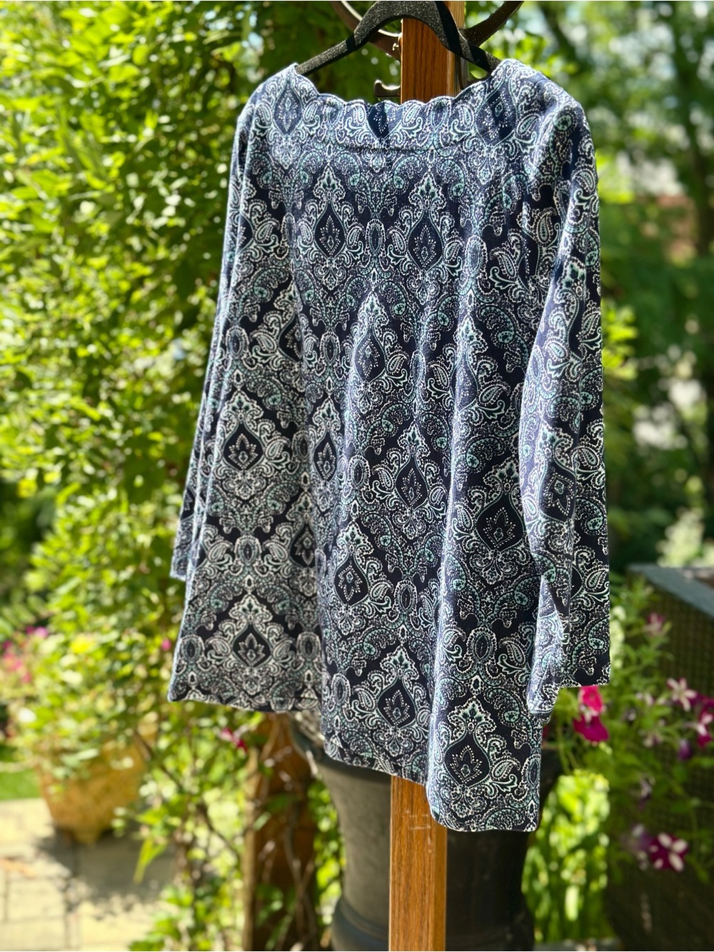 Kim Rogers Petite Paisley Knit Top PM Navy Blue 3 4 Sleeve Stretch - Picture 5 of 7
